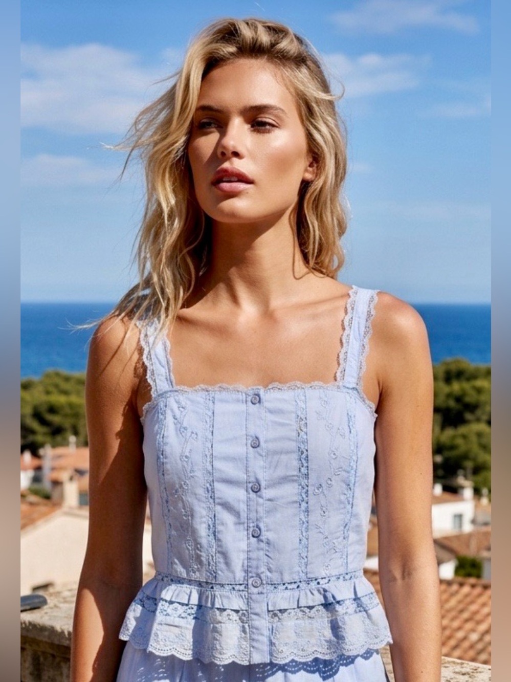 Aeropostale Light Blue Lace-Trim Button Front Tank Top w/Adjustable Straps M